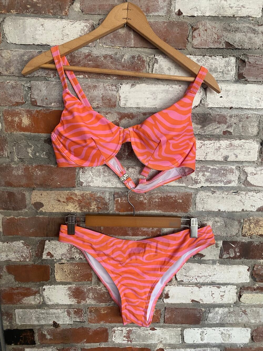 Pink & Orange Zebra Swirl Two-Piece Bikini Set Underwire Top Size M